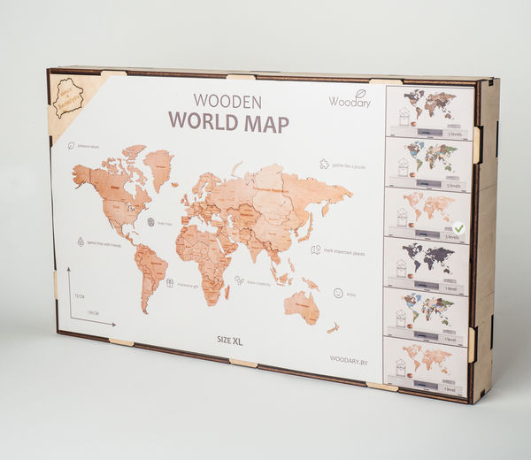 Карта мира из дерева English (Natural, 3 уровня), 60х105 см