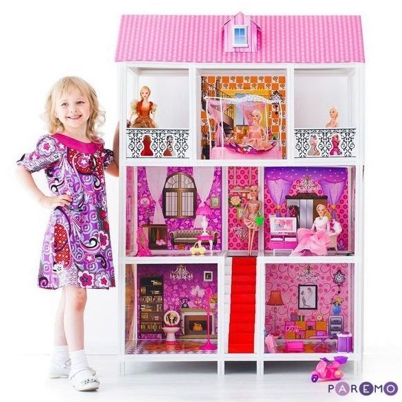 3-этажный кукольный дом с 5 комнатами (мебель и 5 кукол)